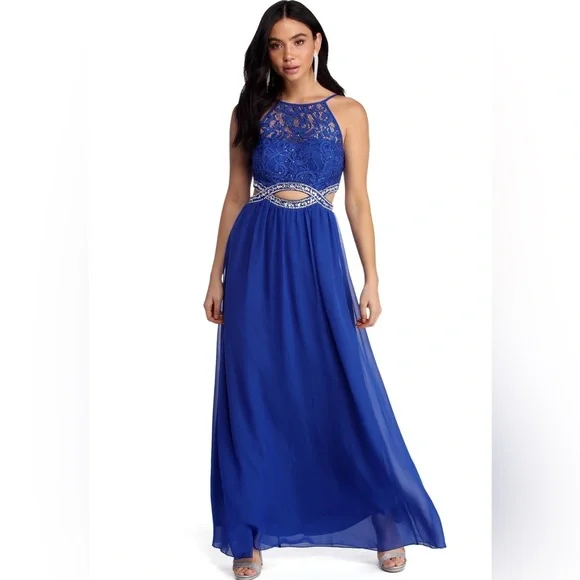 royal blue dress windsor Navy Maxi Dress With Long Sleeves And Open Back
